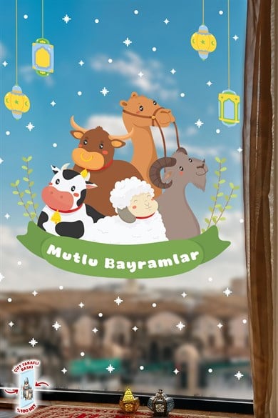 Çift Taraflı Kurban Bayramı Cam Sticker Seti 135 Parça Bayram Süsü Hayvan Figürlü Bayram Sticker Set