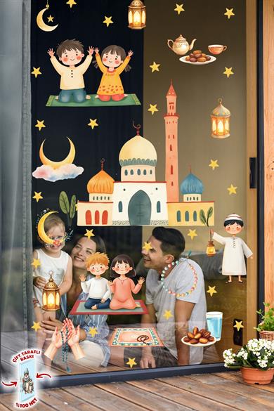 Çift Taraflı Ramazan Ayı Cam Sticker Seti | Çocuklar İçin Eğitici Ramazan Pencere Süsü ve 74 Parça