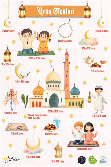 Çift Taraflı Ramazan Ayı Cam Sticker Seti | Çocuklar İçin Eğitici Ramazan Pencere Süsü ve 74 Parça