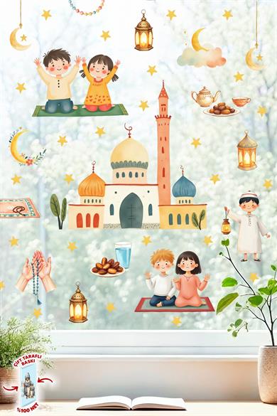 Çift Taraflı Ramazan Ayı Cam Sticker Seti | Çocuklar İçin Eğitici Ramazan Pencere Süsü ve 74 Parça