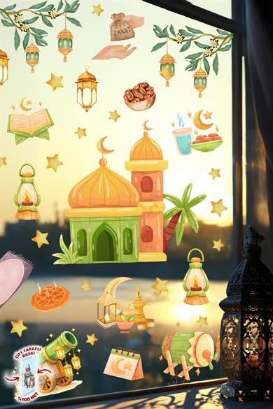 Çift Taraflı Ramazan Cam Sticker Seti | Çocuklar İçin Eğitici Ramazan Pencere Süsü ve Cam Dekoru