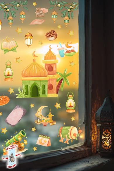 Çift Taraflı Ramazan Cam Sticker Seti | Çocuklar İçin Eğitici Ramazan Pencere Süsü ve Cam Dekoru
