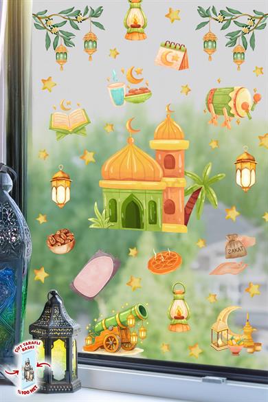 Çift Taraflı Ramazan Cam Sticker Seti | Çocuklar İçin Eğitici Ramazan Pencere Süsü ve Cam Dekoru
