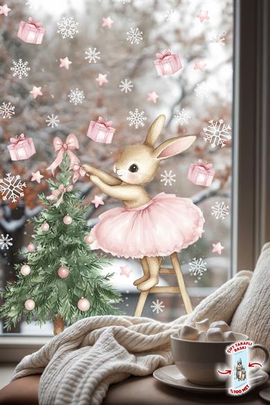 Çift Taraflı Sevimli Tavşan ve Çam Ağacı Yılbaşı Cam Sticker Seti – 74 Parça, Çocuk Odası & Yeni Yıl