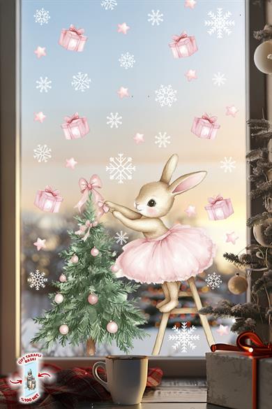 Çift Taraflı Sevimli Tavşan ve Çam Ağacı Yılbaşı Cam Sticker Seti – 74 Parça, Çocuk Odası & Yeni Yıl