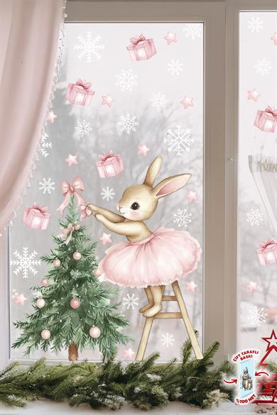 Çift Taraflı Sevimli Tavşan ve Çam Ağacı Yılbaşı Cam Sticker Seti – 74 Parça, Çocuk Odası & Yeni Yıl