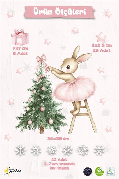 Çift Taraflı Sevimli Tavşan ve Çam Ağacı Yılbaşı Cam Sticker Seti – 74 Parça, Çocuk Odası & Yeni Yıl