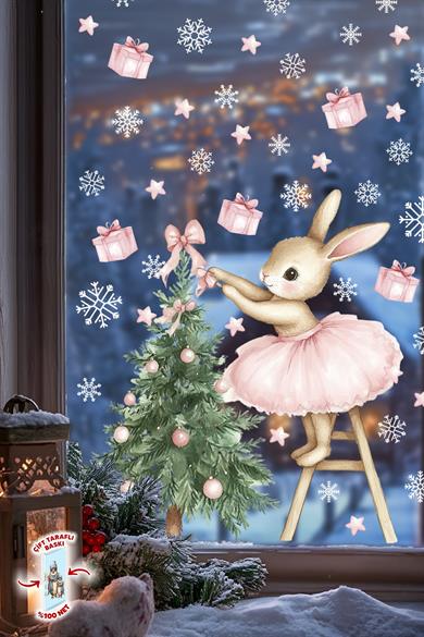 Çift Taraflı Sevimli Tavşan ve Çam Ağacı Yılbaşı Cam Sticker Seti – 74 Parça, Çocuk Odası & Yeni Yıl