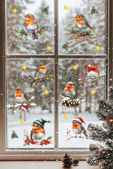 Çift Taraflı Yılbaşı Cam Sticker Seti – 45 Parça Yılbaşı Kuşları Seti – Yeni Yıl Dekorasyonu