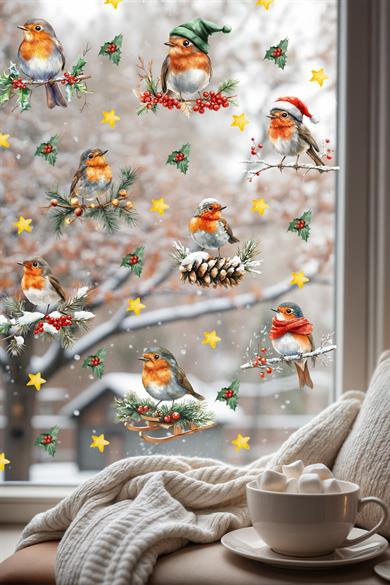 Çift Taraflı Yılbaşı Cam Sticker Seti – 45 Parça Yılbaşı Kuşları Seti – Yeni Yıl Dekorasyonu