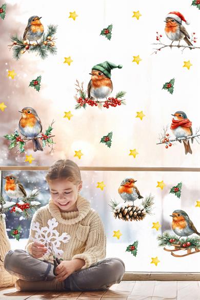 Çift Taraflı Yılbaşı Cam Sticker Seti – 45 Parça Yılbaşı Kuşları Seti – Yeni Yıl Dekorasyonu