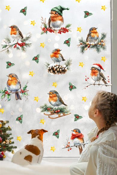 Çift Taraflı Yılbaşı Cam Sticker Seti – 45 Parça Yılbaşı Kuşları Seti – Yeni Yıl Dekorasyonu