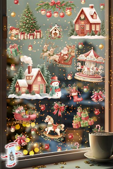 Çift Taraflı Yılbaşı Cam Sticker Seti – Ev & Mağaza Dekoru | 46 Parça Premium Yeni Yıl Süsleri