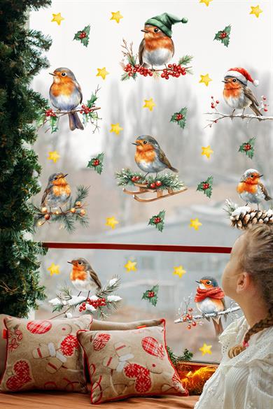 Çift Taraflı Yılbaşı Cam Sticker Seti – 45 Parça Yılbaşı Kuşları Seti – Yeni Yıl Dekorasyonu