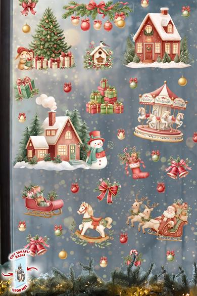 Çift Taraflı Yılbaşı Cam Sticker Seti – Ev & Mağaza Dekoru | 46 Parça Premium Yeni Yıl Süsleri