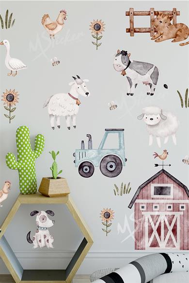 Çiftlikte Sevimli Hayvanlar Temalı Çocuk Bebek Odası Duvar Cam Sticker Seti