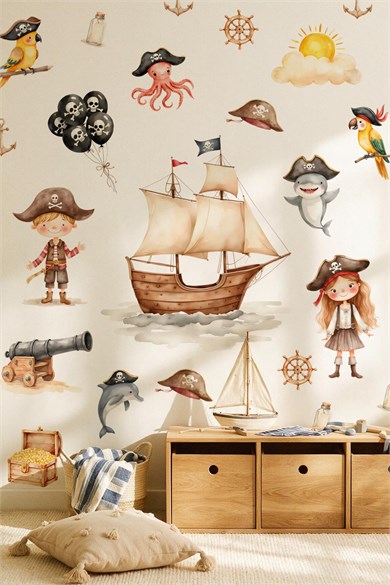 Çocuk Odası Duvar Sticker 103 Parça Korsan Gemisi Hazine Deniz Temalı Duvar Çıkartması