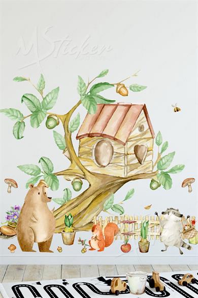 Dalda Ağaç Ev ve Hayvanlar Çocuk Bebek Odası Cam Duvar Sticker Seti