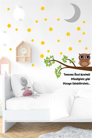 Dalda Sevimli Baykuş Yıldızlar ve Ay Çocuk Bebek Odası Sticker