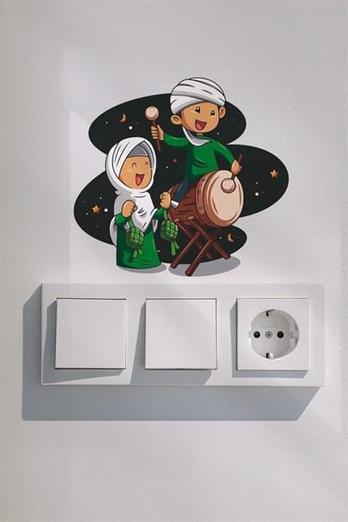 Davul Çalan Çocuklar Ramazan Priz Sticker Seti Duvar Cam Sticker Ramazan Süsü