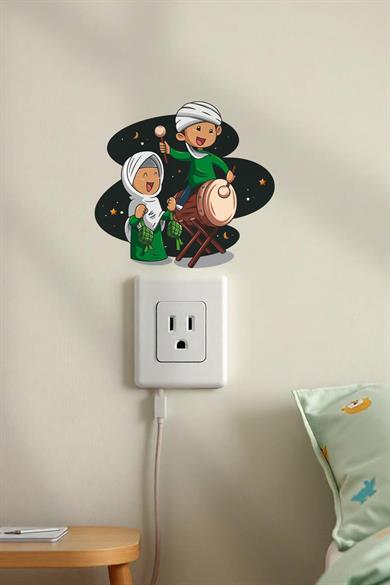 Davul Çalan Çocuklar Ramazan Priz Sticker Seti Duvar Cam Sticker Ramazan Süsü