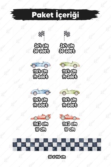 Dekoratif Yarış Arabaları ve Bordür Çocuk Odası Duvar Cam Kapı Sticker