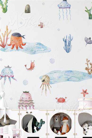 Deniz Canlıları Çocuk Bebek Odası Cam Duvar Sticker Seti
