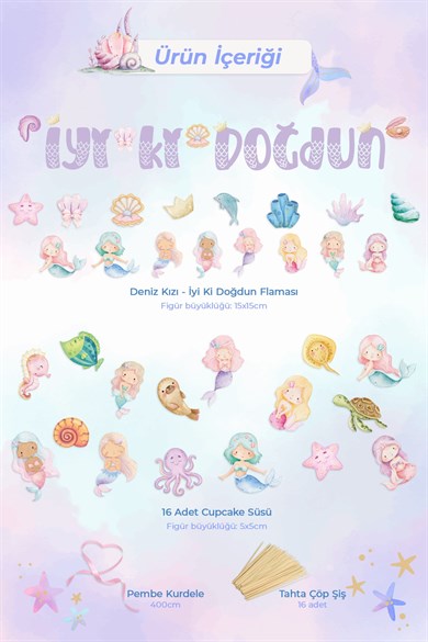 Deniz Kızı Temalı Doğum Günü Parti Seti, iyi ki doğdun Flama, Cupcake ve Pasta Süsü Happy Birthday 