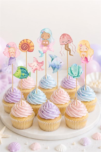Deniz Kızı Temalı Doğum Günü Parti Seti, iyi ki doğdun Flama, Cupcake ve Pasta Süsü Happy Birthday 