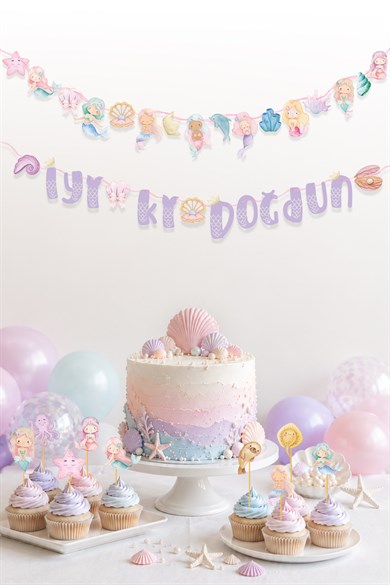 Deniz Kızı Temalı Doğum Günü Parti Seti, iyi ki doğdun Flama, Cupcake ve Pasta Süsü Happy Birthday 