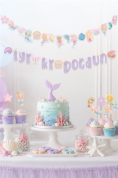 Deniz Kızı Temalı Doğum Günü Parti Seti, iyi ki doğdun Flama, Cupcake ve Pasta Süsü Happy Birthday 
