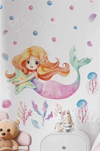 Deniz Kızı Temalı Soft Renklerde Çocuk Odası Duvar Sticker Seti - Su altı Temalı Sticker