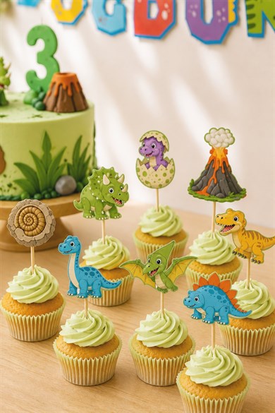 Dinazor Temalı Doğum Günü Parti Seti, iyi ki doğdun Flama, Cupcake ve Pasta Süsü Happy Birthday 