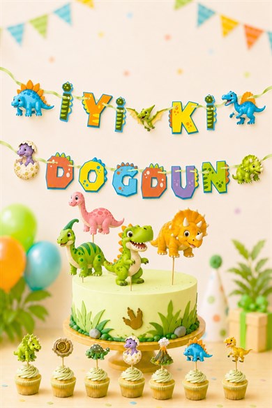 Dinazor Temalı Doğum Günü Parti Seti, iyi ki doğdun Flama, Cupcake ve Pasta Süsü Happy Birthday 