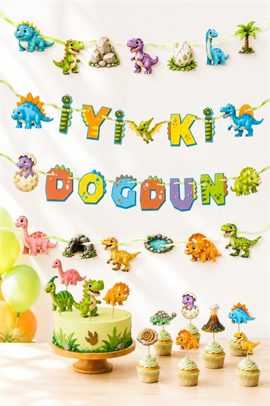 Dinazor Temalı Doğum Günü Parti Seti, iyi ki doğdun Flama, Cupcake ve Pasta Süsü Happy Birthday 