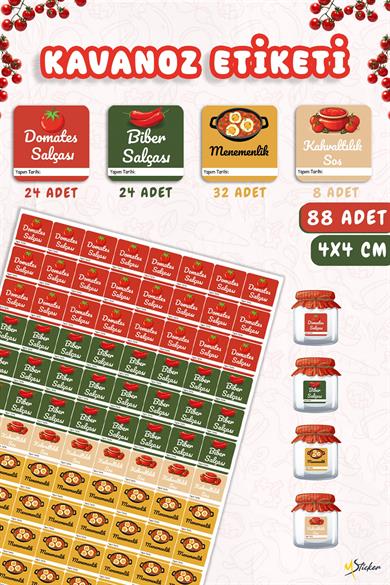 Domates Biber Salça Kavanoz Etiket Sos Etiketleri, Menemenlik Kahvaltılık Sos Etiket 4x4 88 Adet