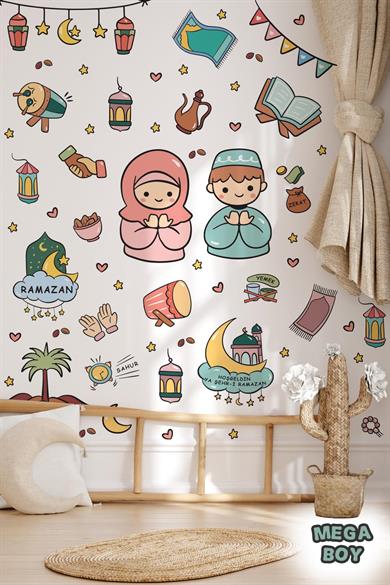 Dua Eden Çocuklar ve Ramazan Figürleri Mega Boy Sticker Seti, Çocuklar için Ramazan Ayı Sticker Seti