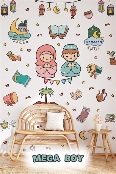 Dua Eden Çocuklar ve Ramazan Figürleri Mega Boy Sticker Seti, Çocuklar için Ramazan Ayı Sticker Seti