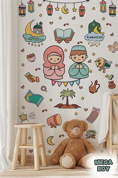Dua Eden Çocuklar ve Ramazan Figürleri Mega Boy Sticker Seti, Çocuklar için Ramazan Ayı Sticker Seti