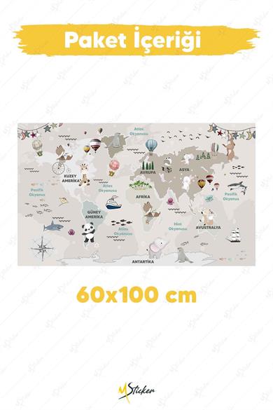 Eğitici Ve Öğretici Dünya Haritası Çocuk Odası Duvar Sticker, Dünya Haritası Tablo Sticker