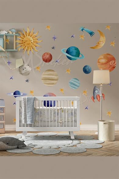Eğitici ve Öğretici Gezegenler Çocuk Bebek Odası Duvar Sticker Seti