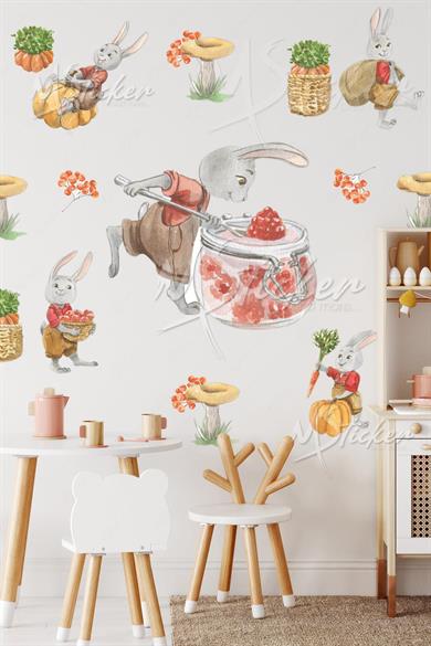Eğlenceli Ahçı Tavşanlar Çocuk Odası Cam Duvar Sticker Seti