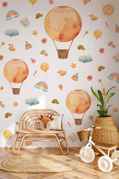 Eğlenceli Balonlar ve Figürler Çocuk Bebek Odası Duvar Cam Sticker Seti, Balon Çiçekler Gökkuşakları