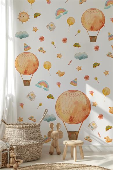 Eğlenceli Balonlar ve Figürler Çocuk Bebek Odası Duvar Cam Sticker Seti, Balon Çiçekler Gökkuşakları