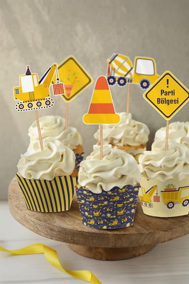 Eğlenceli İş makinaları Temalı Doğum Günü Konsepti Süsleme Seti , Cupcake Süsü Flama Etiket