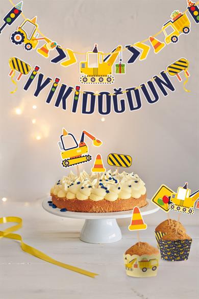 Eğlenceli İş makinaları Temalı Doğum Günü Konsepti Süsleme Seti , Cupcake Süsü Flama Etiket