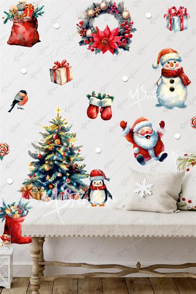 Eğlenceli Kardan Adam Penguen ve Yeniyıl Ağacı Kış Konseptli Yılbaşı Süsü Sticker Seti