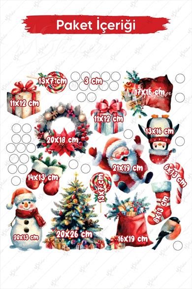 Eğlenceli Kardan Adam Penguen ve Yeniyıl Ağacı Kış Konseptli Yılbaşı Süsü Sticker Seti