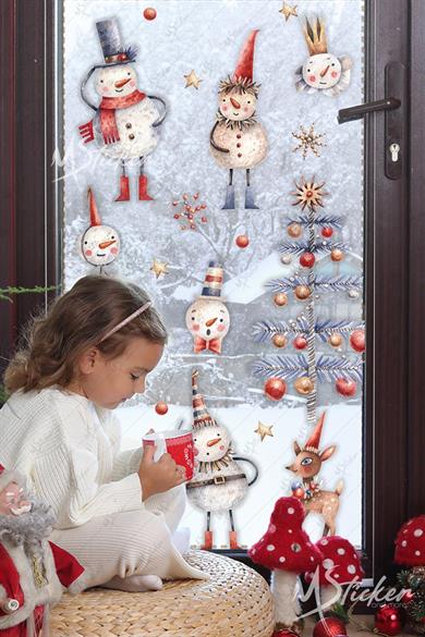 Eğlenceli Kardan Adamlar Ağaç ve Yeni Yıl Figürleri Yılbaşı Sticker Seti,Eğlenceli Cam Duvar Sticker
