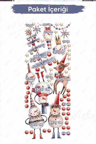 Eğlenceli Kardan Adamlar Ağaç ve Yeni Yıl Figürleri Yılbaşı Sticker Seti,Eğlenceli Cam Duvar Sticker